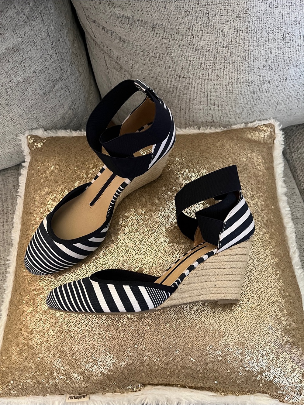 new directions navy & White Striped Espadrille Wedges with Ankle Wrap